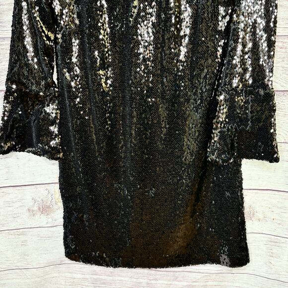 Ann Taylor Black Holiday Party Shimmer Sequined Bell Sleeve Shift Dress Size 2 - Picture 9 of 10